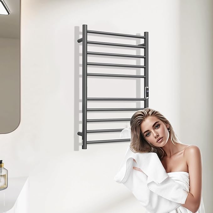 Heated Towel Racks for Bathroom, Wall Mounted Electric Towel Warmer Racks with Timer & Temperature Control, 10 Bar Stainless Steel Towel Heater for Bathroom, Gunmetal Grey, Plug-in