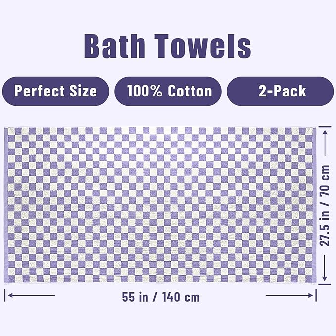 Jacquotha Shower Towels for Bathroom 27.5x55 Inches - Quick Dry Bath Towels Soft & Lightweight (2Pack), Cute Checkered Towel Sets Lilac, 520 GSM Absorbent Cotton