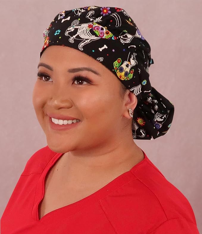 Sparkling EARTH Banded Bouffant Surgical Scrub Ponytail Working Caps and Built-in Sweatband - 100% Cotton - Made in The USA