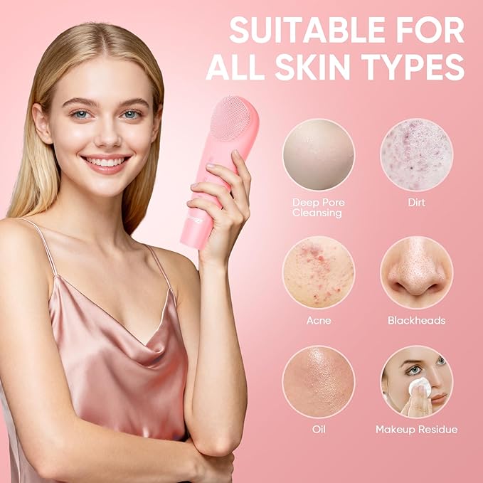 Silicone Face Scrubber Blackhead Scraper Rechargeable 2-in-1 Facial Cleansing Brush & Skin Spatula Duo, IPX7 Waterproof Exfoliating Massager Deep Cleansing for Women and Men(Peachy Pink)