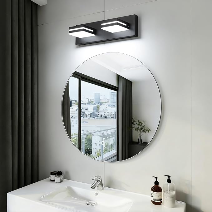 SineRise LED Modern Bathroom Vanity Light Fixtures (2-Light, 15.5-Inch), Matte Black Modern Acrylic Bathroom Wall Lighting Fixtures Over Mirror (Cool White 6000K)