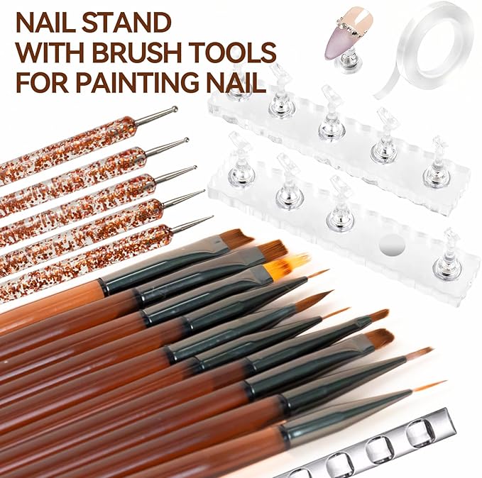 Nail Art Brushes Set with Nail Stand Holder for Press On & Painting Nails,Nail Dotting Tools with Sculpture Pen,Acrylic Nail Brushes for Gel Builder Extensions French Tip,Nail Art Tools Design