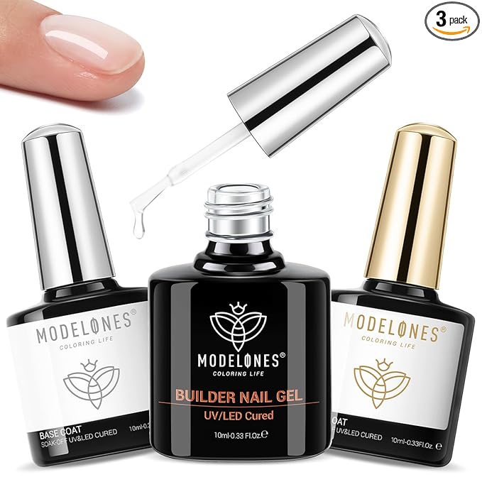 modelones 3 Pcs Top Coat Builder Nail Gel with Gel Base, No Wipe - Shine Finish and Long Lasting, Clear Builder Top Nail Kit for Thickening Apex Building Extension, LED Lamp Cured 10ml Home DIY Salon