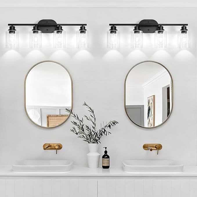 Unicozin Bathroom Light Fixtures, 4 Light Vanity Lights for Bathroom, Black Wall Lamp with Clear Glass for Mirror, Living Room, Hallway, Cabinet, E26 Base