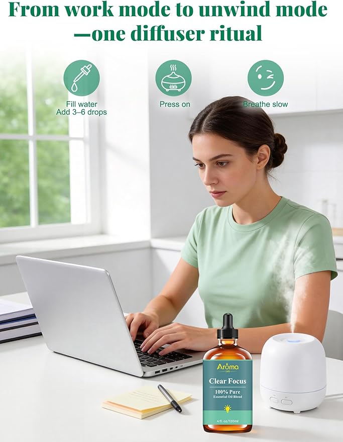 Clear Focus — A 100% Pure Essential Oil Blend, Cool-Citrus Herbal Blend that Keeps The Mood Alert and Focused, Fresh—Never Tense, Essential Oils for Diffusers for Home