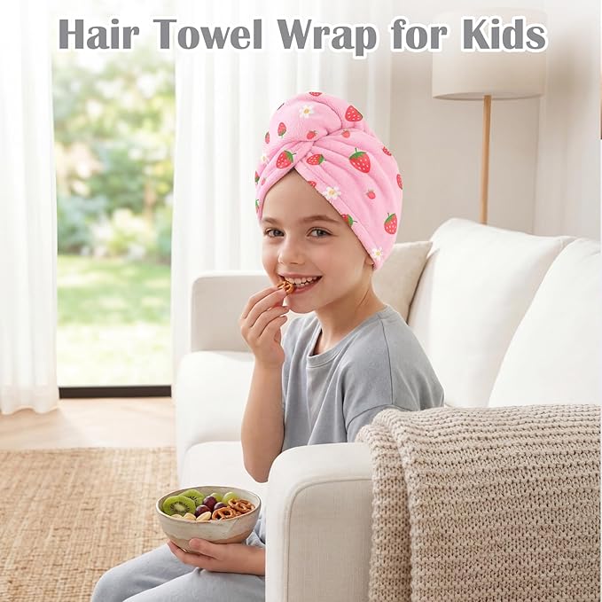 Microfiber Hair Towel Wrap for Kids 2 Pack Quick Drying Hair Towels with Button Hair Turbans for Wet Hair Absorbent Quick Dry Wraps Head Towel Wrap for Women and Girls, Pink Blue Strawberry