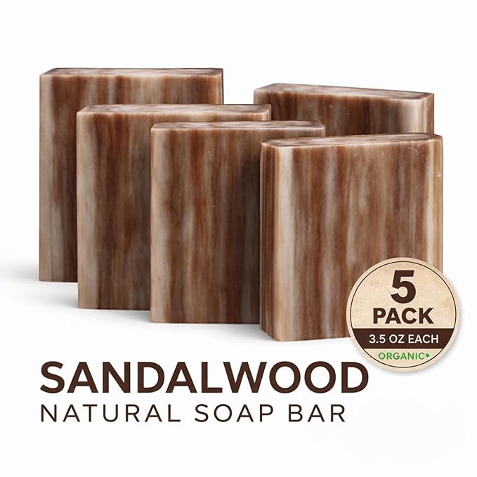 SSA Sandalwood Scented Natural Bar Soap 5 Pack, Australian Triple Milled Moisturizing Bath Bars with Organic Shea Butter, Long Lasting Plant Based Body Soap for Men & Women, Gentle for Sensitive Skin