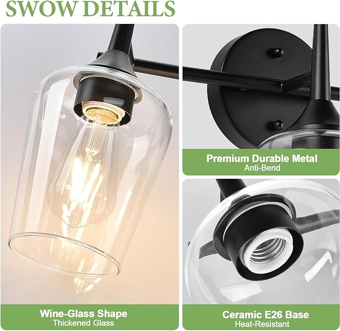 MOKATNG 3-Light Bathroom Light Fixtures, Black Vanity Lights for Bathroom with Clear Glass, 19.5 Inch Bathroom Lighting Fixtures Over Mirror, Modern Wall lamp for Cabinet Hallway