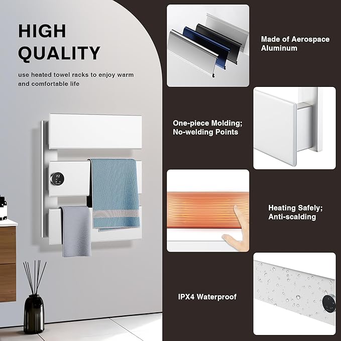K&KALONZO Electric Towel Warmer, 18.35" W x 22.8" H Wall-Mounted Towel Heater with Built-in Timer, Waterproof Aluminum Towel Warmer for Bathroom, Support Plug-in and Hardwired, White, K3-L-W