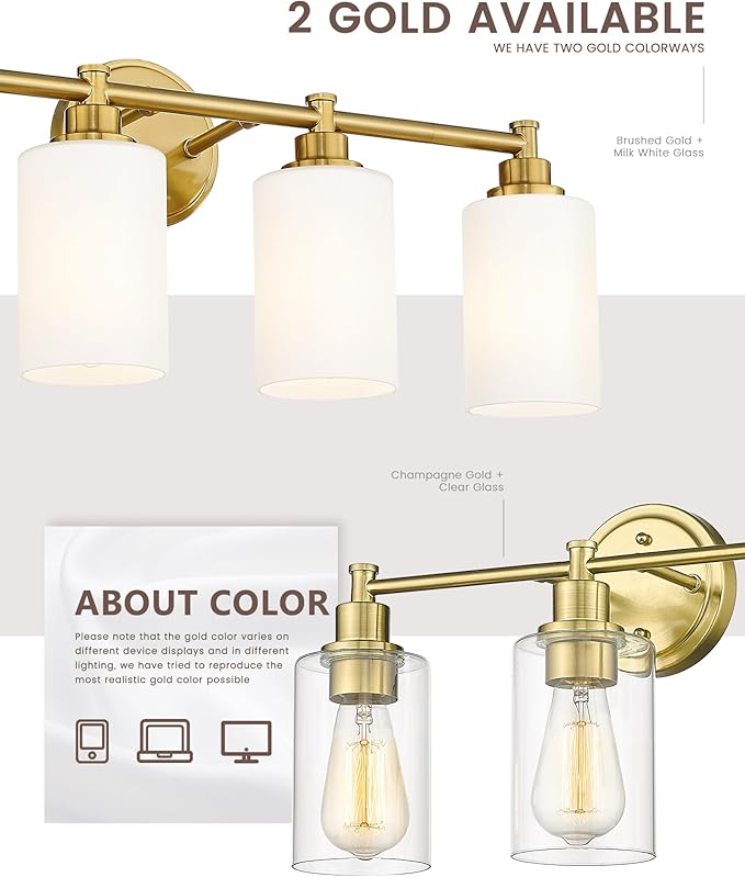 FEMILA 25" Brushed Gold Bathroom Light Fixtures, 4 Light Vanity Light Fixture, Bathroom Lighting with Milk White Glass, 4FYC56B-4W BG-MG