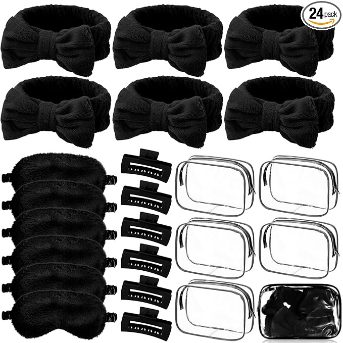 Hoteam 24 Pcs Spa Party Favors Supplies 6 Spa Headband 6 Plush Sleep Eye Mask 6 Hair Claw Clips 6 Clear Cosmetic Bags for Adult Sleepover Slumber Party Graduation Gift(Black)