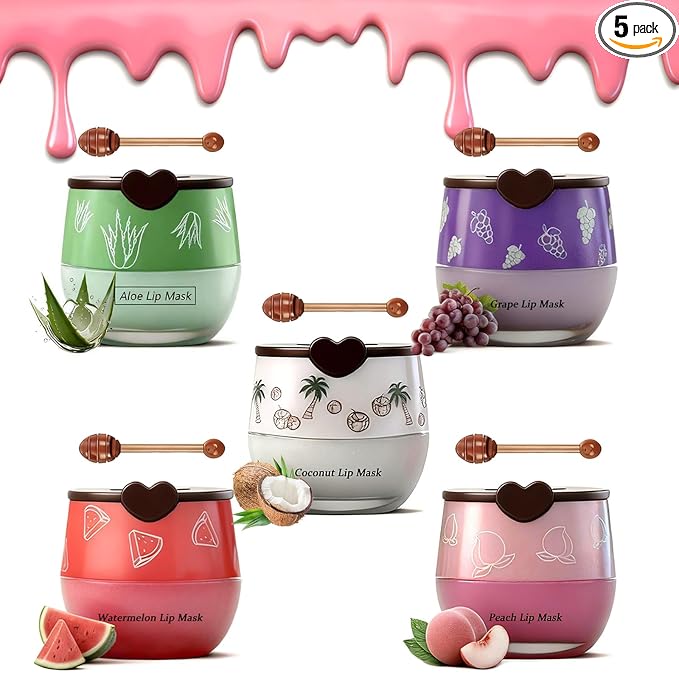 5PCS Bee Lip Balm Honey Pot，Peach&Grape&Aloe&Coconut&Watermelon Lip Mask Overnight Propolis Moisturizing Lip Balm Hydrating Prevention Dry and Crack Lip Scrubs Exfoliator Lip Wrinkle Care
