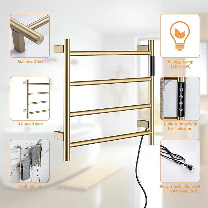 Heated Towel Rack, 4 Bar Wall Mounted Towel Warmer with Timer, Plug in/Hardwired Towel Dryer for Bathroom, Gold