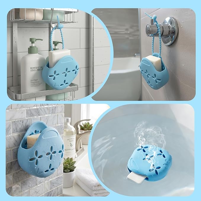 2 Pack Shower Steamer Holder Suction Cup, Silicone Bathroom Accessories with Adjustable Hanging Strap, Non-Slip Aromatherapy Diffuser Container, White & Blue