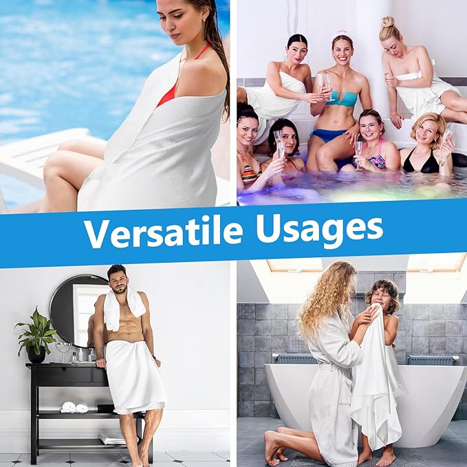 SmoothNovelty 8 Pack Microfiber Bath Towels Bulk 27'' x 60'' Oversized Beach Towel Highly Absorbent Extra Large Soft Drying for Shower Pool Salon Sauna Bathroom Gym Party (Simple,White)