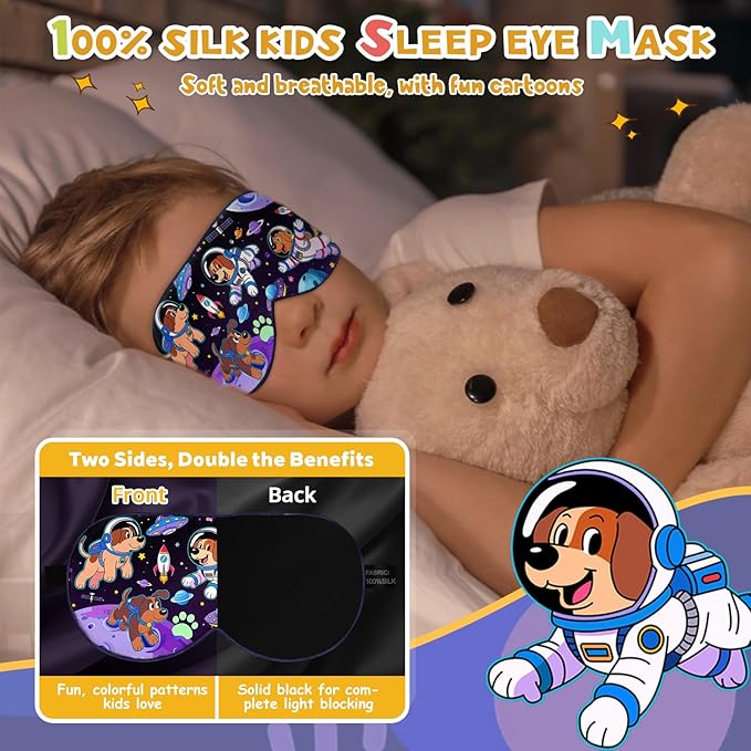 Silk Kids Sleep Mask: 100% Mulberry Silk Eye Mask, Sleeping Masks with Adjustable Strap, Soft & Light-Blocking Printed Kid Eye Cover for Boys Girls Teens Aged 5-15 (Space Dog Theme)