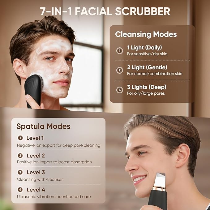 Silicone Face Scrubber Blackhead Scraper Rechargeable 2-in-1 Facial Cleansing Brush & Skin Spatula Duo, IPX7 Waterproof Exfoliating Massager Deep Cleansing for Women and Men(Black)