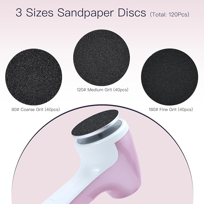 APRELM Rechargeable Electric Foot Callus Remover with 3-Sizes 120Pcs Sandpaper Discs, Professional 1000RPM 3-Speed Control Electric Foot File (E7 Pink)