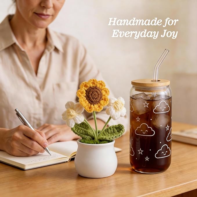 Mothers Day Gifts for Women, Cozy Self Care Gift Set for Her with Glass Cup, African Net Sponge & Crochet Flower, Get Well Gifts for Women, for Wife or Best Friend
