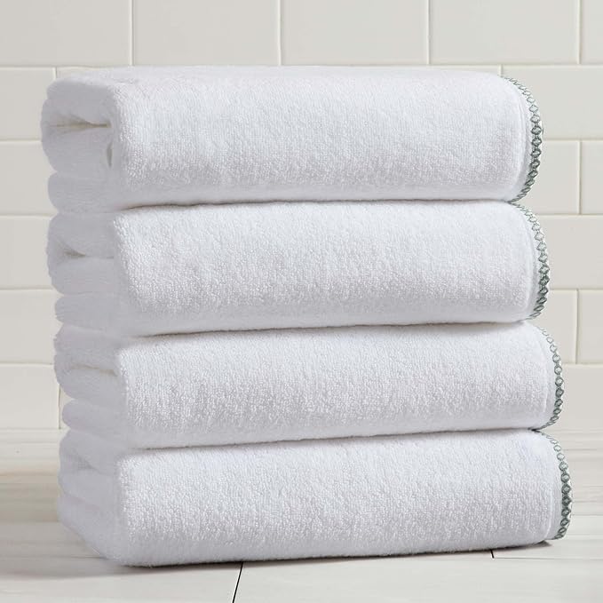 White/Green Bath Towel Set - Ultra-Soft Cotton, Boho-Chic Border Design - 4 Bath Towels (54" x 30") - Absorbent, Quick-Dry, Lightweight Bathroom Towels