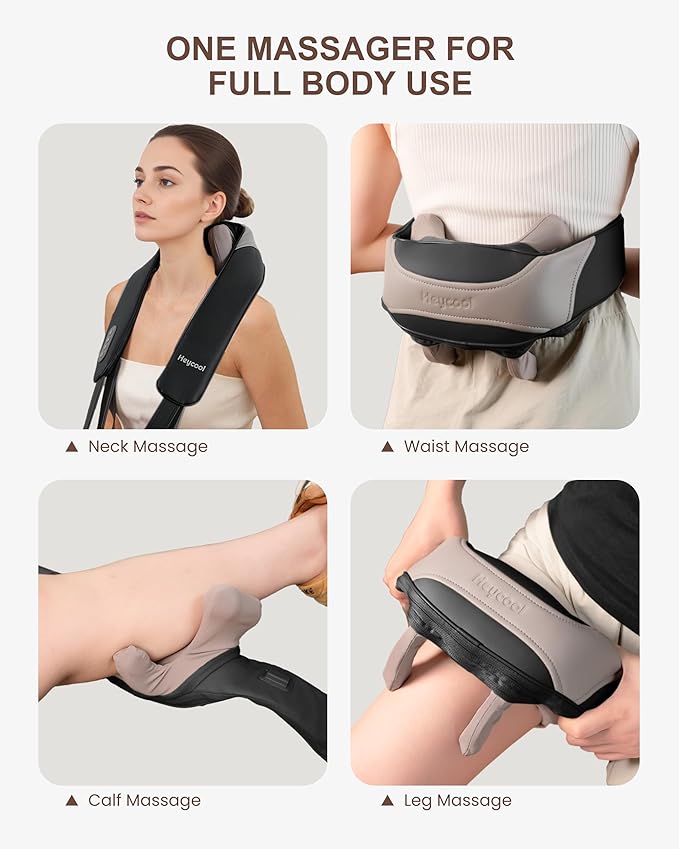Heycool 4D Shiatsu Neck Massager with Heat, Cordless Back and Neck Massager, 3 Speeds & 3 Heating Level, Lightweight Portable Shoulder Massager for Tech Neck & Commuters, Gifts for Men Women
