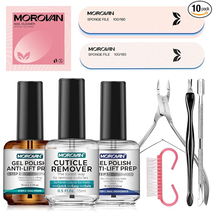 Morovan Nail Prep and Care Kit: Nail Dehydrator and Acid-Free Primer | Cuticle Remover | Cuticle Trimmer Cuticle Pusher & Cuticle Nipper | Cleaner Pads/Nail File/Buffer/Brush - For DIY Manicure Tool