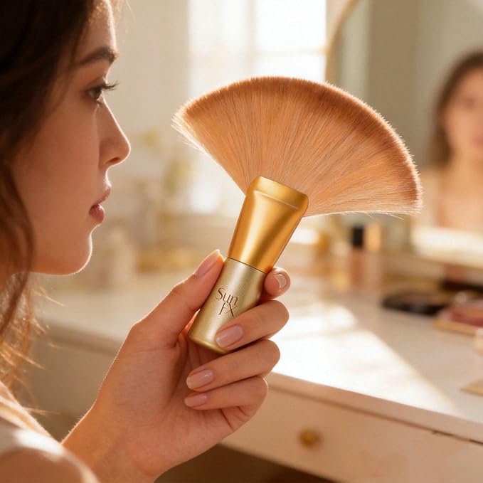 Large Professional Fan Brush, Fluffy Brush for Loose Powder, Setting, Bronzer & Highlighter. Flawless Spray Tan Application, Body Makeup or Salon Essentials.
