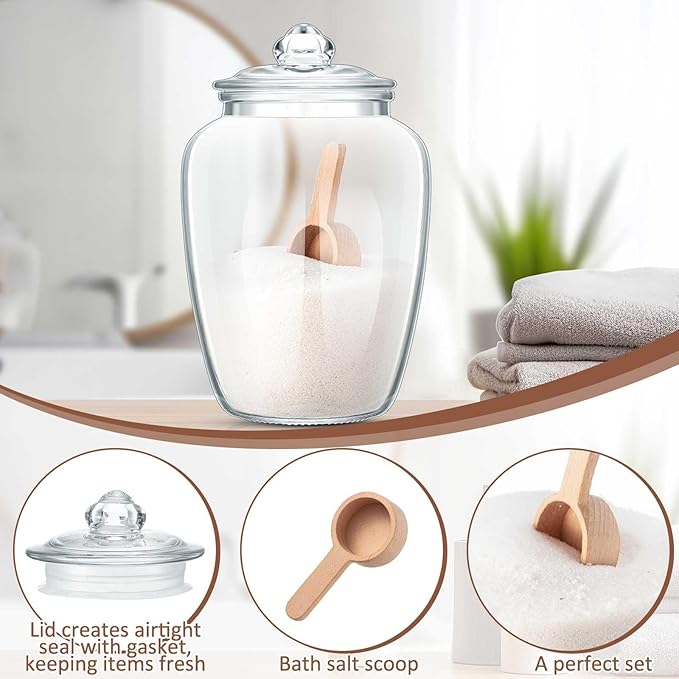 SiliFine 2 Sets 74 oz Bath Salt Container with Airtight Lid and Scoop Big Glass Jar with Wooden Scoop for Bath Flour Salt Candy Tea(Clear)