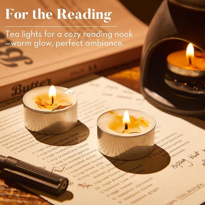 16 Pack Jasmine Tealight Candles with Real Dried Petals, Natural Soy Wax, 6-Hour Burn Time for Home, Wedding & Bath Decor