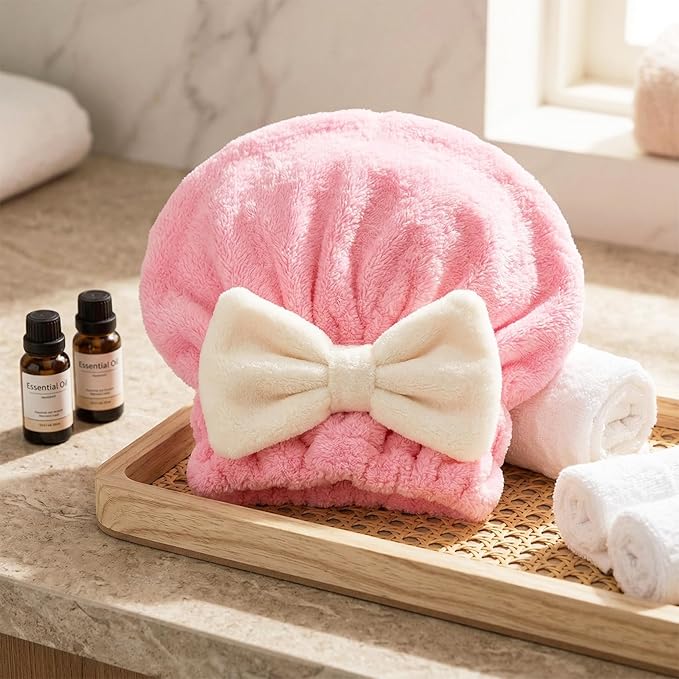 2PCS Hair Towel Wrap for Women, Soft Microfiber Hair Drying Caps with Bow, Super Absorbent Fast Drying Towel Wrap for Shower Bathroom Daily - Pink, Blue