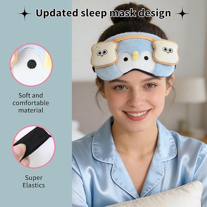 PERFECTSIGHT Sleep Eye Masks, Cute Penguin Sleep Eye Cover Lightweight Adjustable Eyeshade Mask Cover for Women Kids Girls Sleep Travel Nap, Toast Headphone