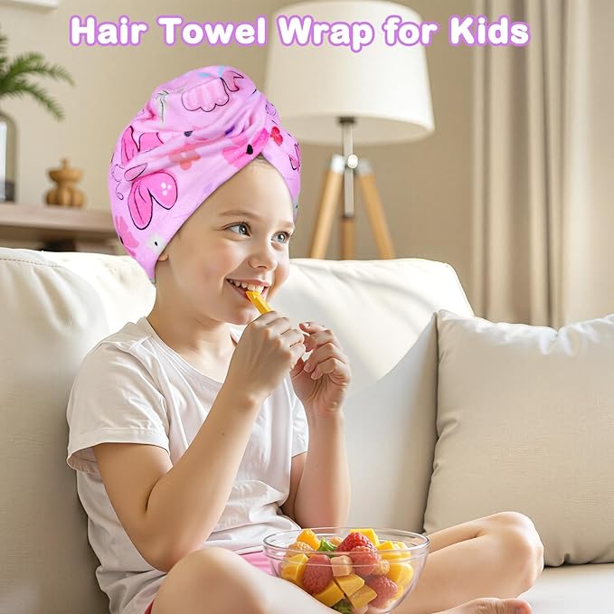 FIOBEE Microfiber Hair Towel Wrap for Kid Rapid Drying Towel Absorbent Hair Turbans for Wet Hair with Button Women Girls Long Curly Hair Pack of 2, Pink/Purple Butterfly