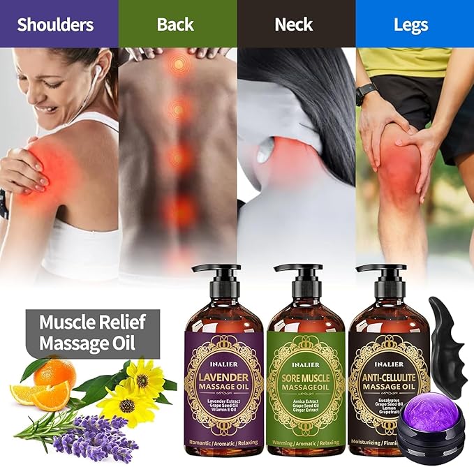 Mothers Day Gifts for Wife,Massage Oil for Massage Therapy,3 Pack Cellulite Massage Oil,Sore Muscle Arnica Oil & Lavender Massage Body Oil with Massage Ball & Thumb Saver Tool,Fathers Day Gift