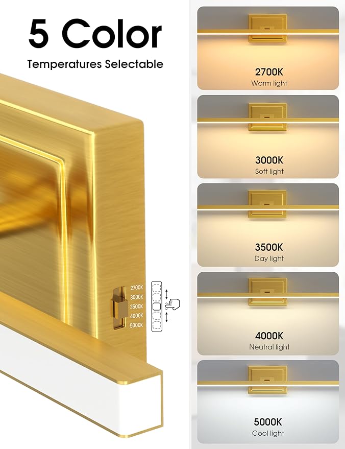 VOLISUN Bathroom Vanity Light 48 inch, 30W Dimmable 5CCT Led Bathroom Light Fixture Over Mirror, Gold Bar Vanity Light for Bathrooms-ETL Certificated