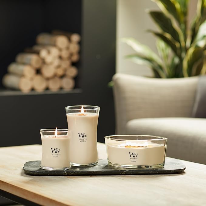 WoodWick Vanilla Bean Holiday Candle Gifts for Women and Men, 9.7 oz Medium Hourglass Candle with Crackling Wick (Pack of 4)