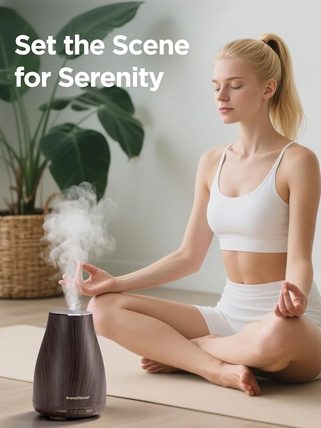 InnoGear Essential Oil Diffuser, Ultrasonic Diffusers for Home Aromatherapy Humidifier for Mother's Gift Bedroom Room 7 Colors LED 2 Mist Mode Auto Off, Brown