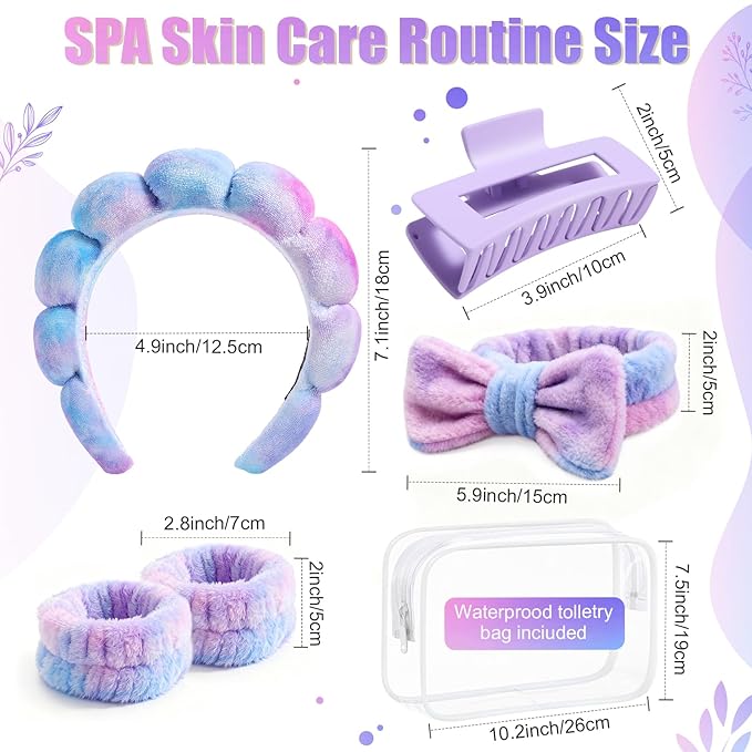 Giesiery SPA Headbands and Wristband Set for Face Washing with Clear Bag Cute Skincare Makeup Headband Wrist Bands Hair Clips for Women Teenage Girls Gifts Trendy Stuff Tie-dye Purple