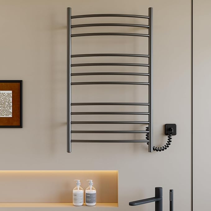 HEATGENE Towel Warmer Gun Grey, Electric Hot Towel Rails, Wall-Mounted Large 12 Bars Warming Towel Racks, Plug-in/Hardwired Heated Towel Rails
