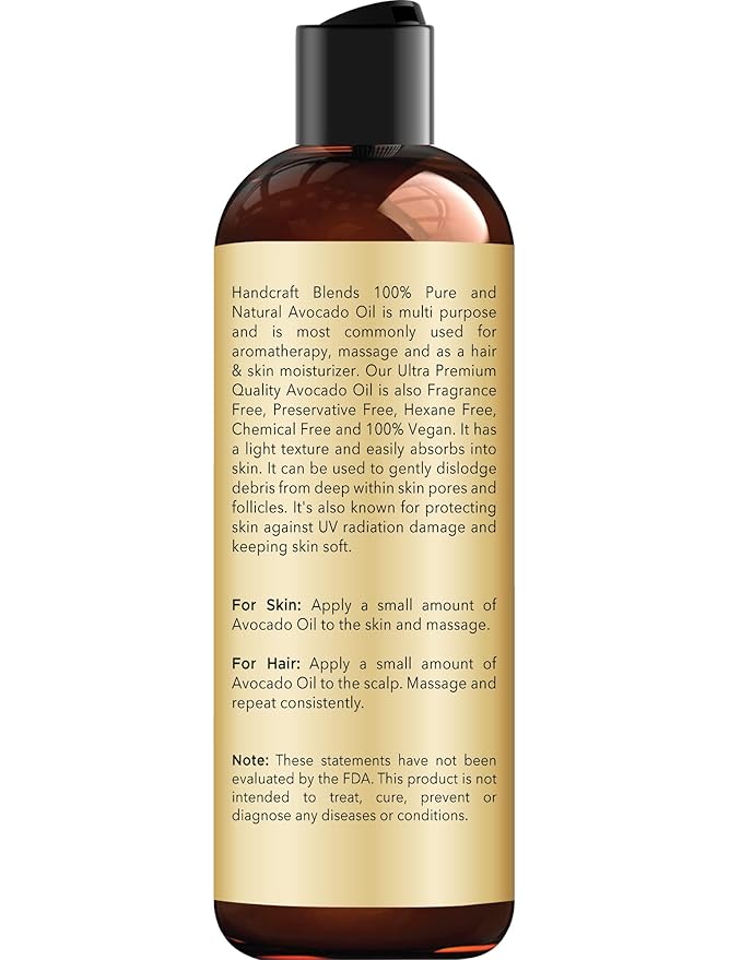 Handcraft Blends Avocado Oil - Cold-Pressed 8 Fl Oz - 100% Pure and Natural - Premium Grade Carrier Oil for Skin and Hair - Hair and Body - Massage - Hexane-Free