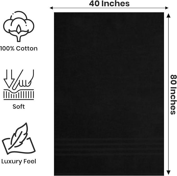 Pack of 2 Jumbo Bath Sheet 40 x 80 Inches, Extra Large Lightweight & Quick Dry Bath Towel, Super Soft & Highly Absorbent – 100% Cotton, Perfect to Wrap Yourself in – Black