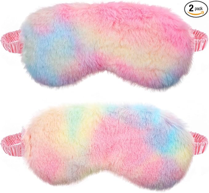 2 Pcs Plush Eye Mask Soft Sleeping Blindfold Eye Cover Comfortable Furry Faux Fur Sleeping Mask Satin Nap Night Eyeshade Cover for Women Men Gift (Light Rainbow, Dark Rainbow)