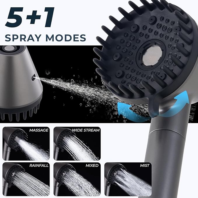 Ryamen 2026 Magnetic Filtered Shower Head with Handheld– High Pressure Showerhead with Power Wash Mode, Chlorine Removal, Massage Brush, Pressure Adjustable, One-Touch Pause (Gray)