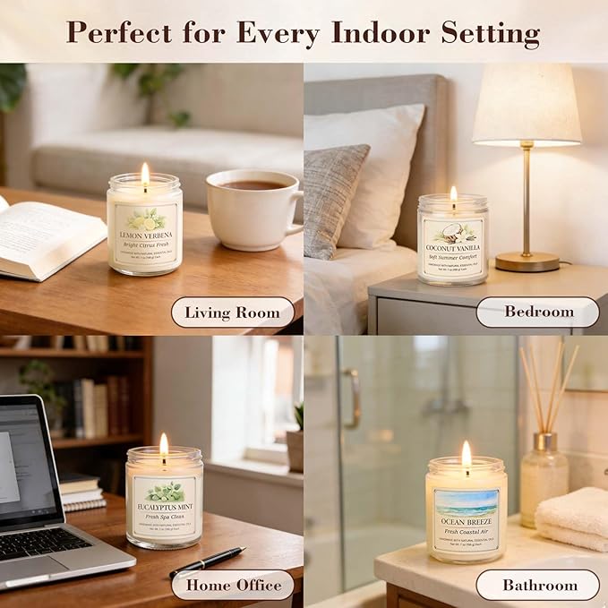 Scented Candles Gift Set for Women, 6 Pack Aromatherapy Soy Candles for Home, Coconut Vanilla, Lemon Verbena, Fresh Linen, Ocean Breeze, Eucalyptus Mint & Jasmine Blossom