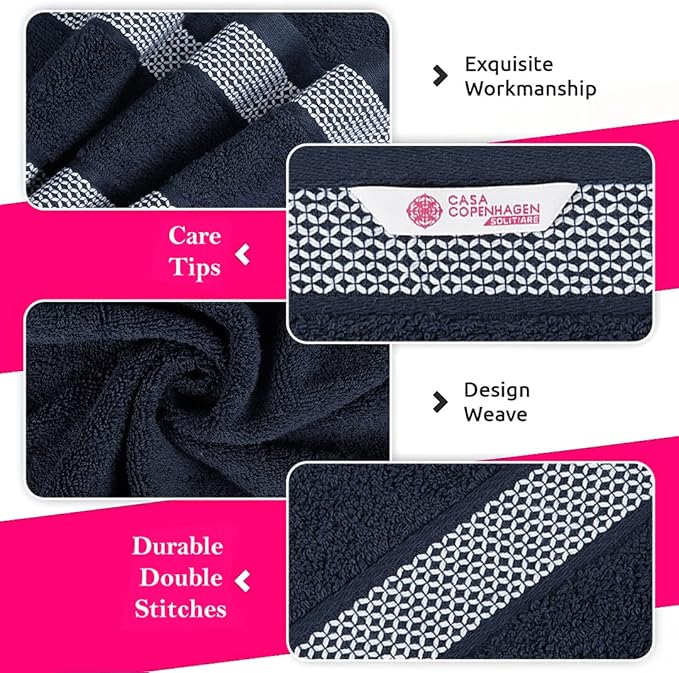 CASA COPENHAGEN Solitaire 6 Pieces Towel Set- Navy, 600 GSM 2 Bath Towel 2 Hand Towel 2 Washcloth, Designed in Denmark Made of Soft Egyptian Cotton for Bathroom, Kitchen & Shower