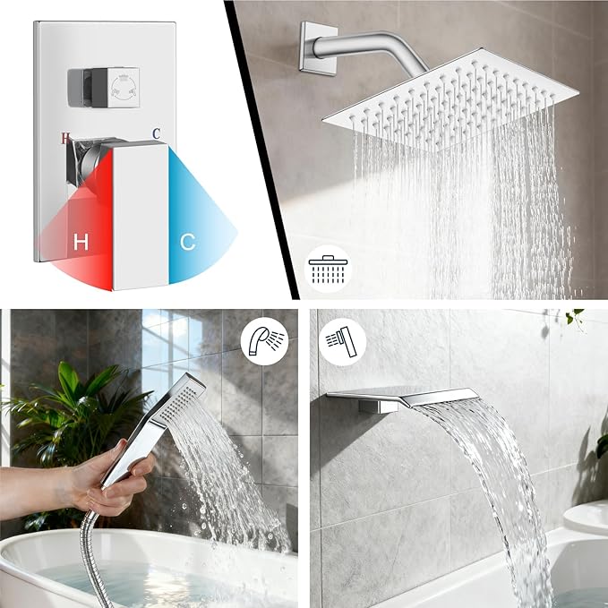 Midanya Shower System with Tub Spout,Bathtub Shower Faucet Set with Square Rainfall Head and Handheld Sprayer Wall Mount Tub Faucet Set with Valve and Trim Kit,8 Inch Polish Chrome