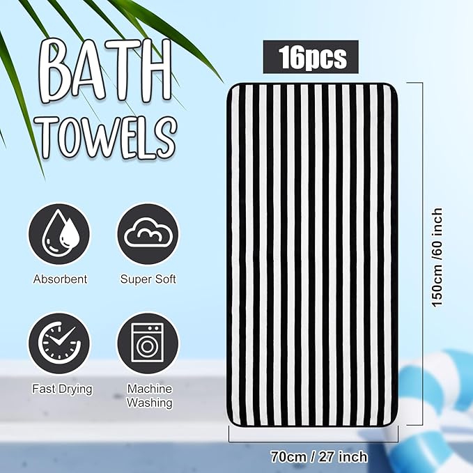 SmoothNovelty 16 Pack Microfiber Bath Towels Bulk 27'' x 60'' Oversized Size Bath Towel Highly Absorbent Extra Large Soft Drying for Beach Shower Summer Salon Sport Gym Party (Stripe,Black)