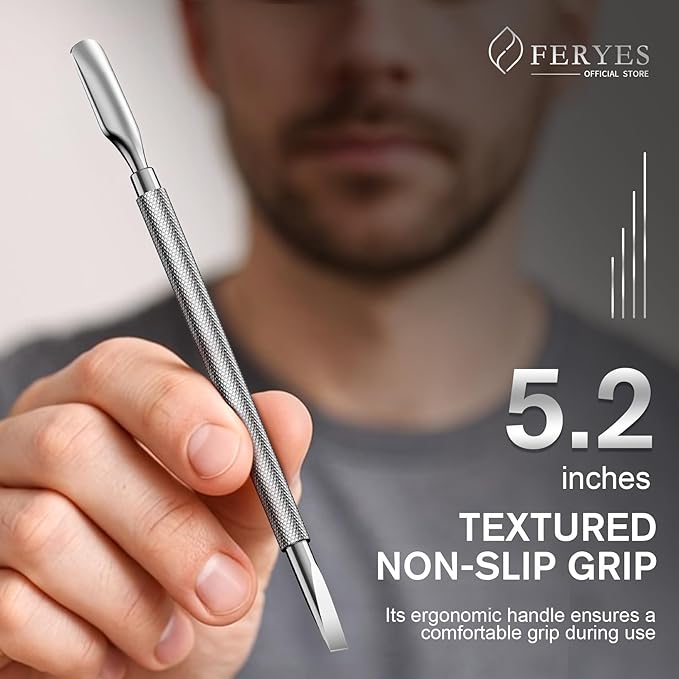 FERYES Professional Cuticle Pusher & Remover Tool - Stainless Steel Dual-Sided Nail Care Tool for Manicure & Pedicure - 5.2 Inch Salon & Home Use