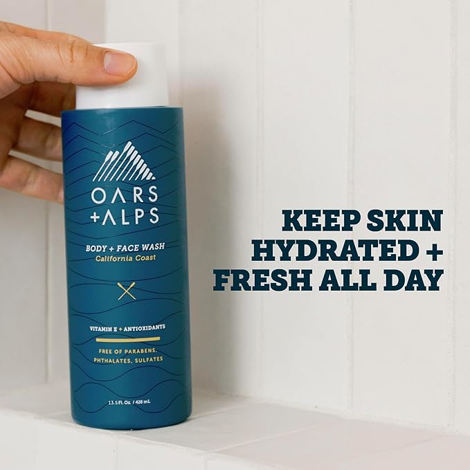 Oars + Alps Body Wash for Men, Mens Body Wash & Face Cleanser with Vitamin E & Antioxidants, Moisturizing, Paraben & Sulfate Free Cleanser, California Coast, 3pk