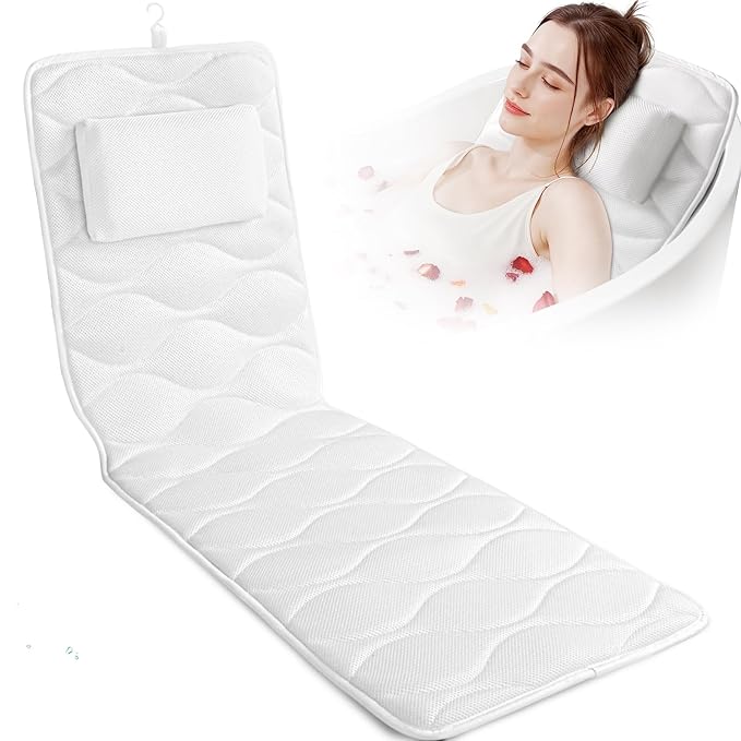 TranquilRelax Bath Pillow for Tub with Laundry Bag & 17 Non-Slip Suction Cups, Extra Thick and Soft Bathtub Pillow for Head, Neck & Shoulder Support, 51" x 16" White