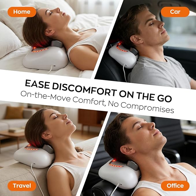 4-in-1 Shiatsu Neck & Back Massager with Heat, Vibration, EMS & Airbag Traction, Portable Cordless Electric Massage Pillow Ergonomic Design for Deep Tissue Pain Relief Muscle Relax